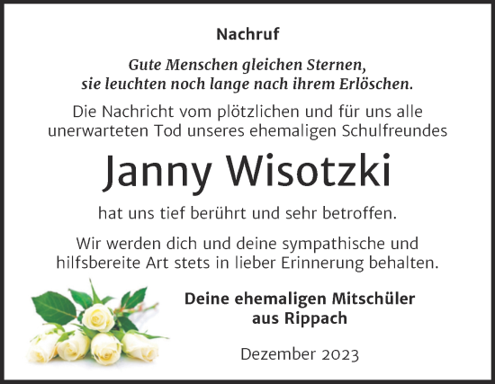 Traueranzeige von Janny Wisotzki von Trauerkombi Weißenfels