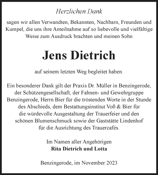 Traueranzeige von Jens Dietrich von Volksstimme Wernigerode