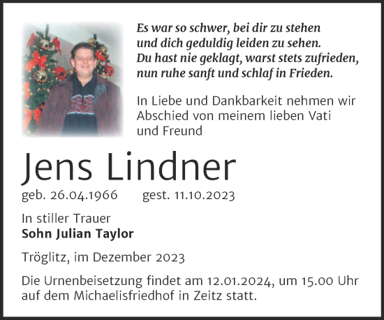 Traueranzeige von Jens Lindner von Trauerkombi Zeitz