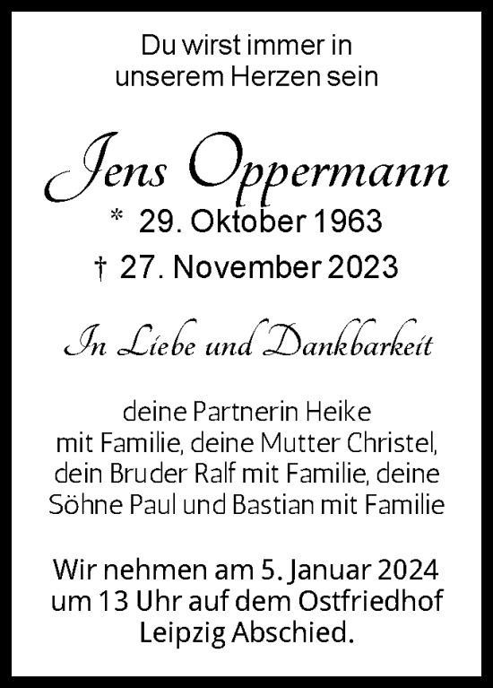 Traueranzeige von Jens Oppermann von Volksstimme Halberstadt
