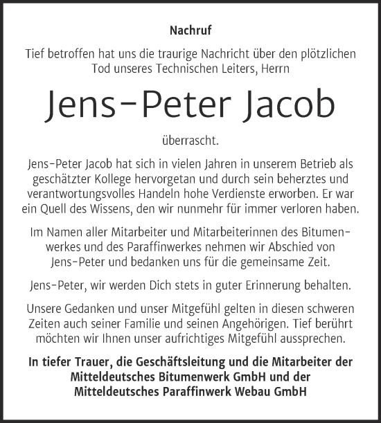 Traueranzeige von Jens-Peter Jacob von Mitteldeutsche Zeitung Weißenfels
