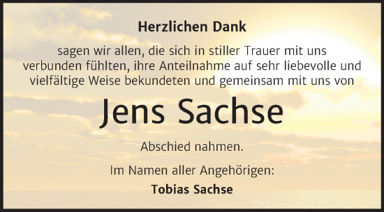 Traueranzeige von Jens Sachse von Trauerkombi Wittenberg