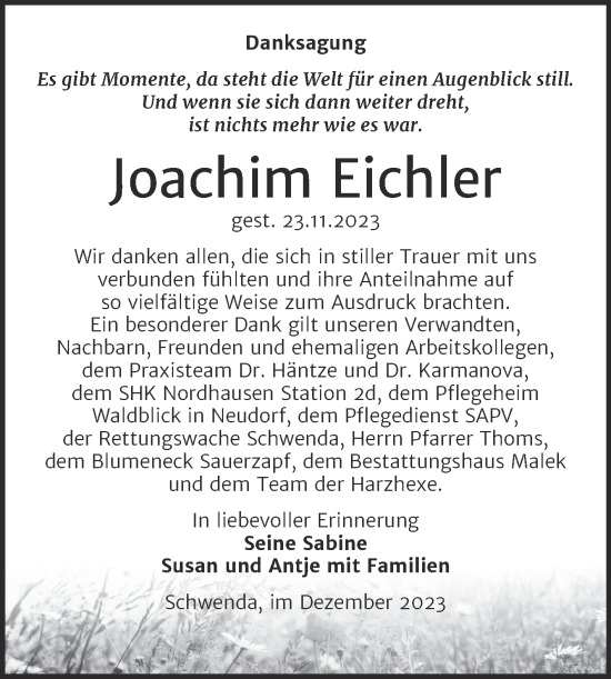 Traueranzeige von Joachim Eichler von Trauerkombi Sangerhausen