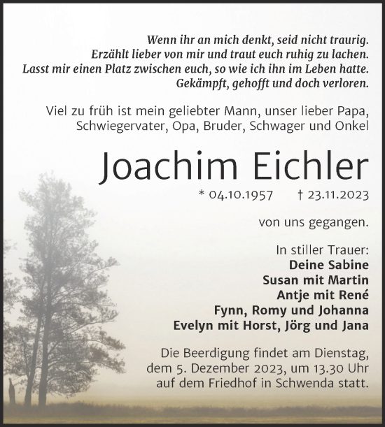 Traueranzeige von Joachim Eichler von Trauerkombi Sangerhausen