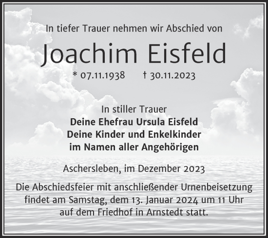 Traueranzeige von Joachim Eisfeld von Trauerkombi Aschersleben