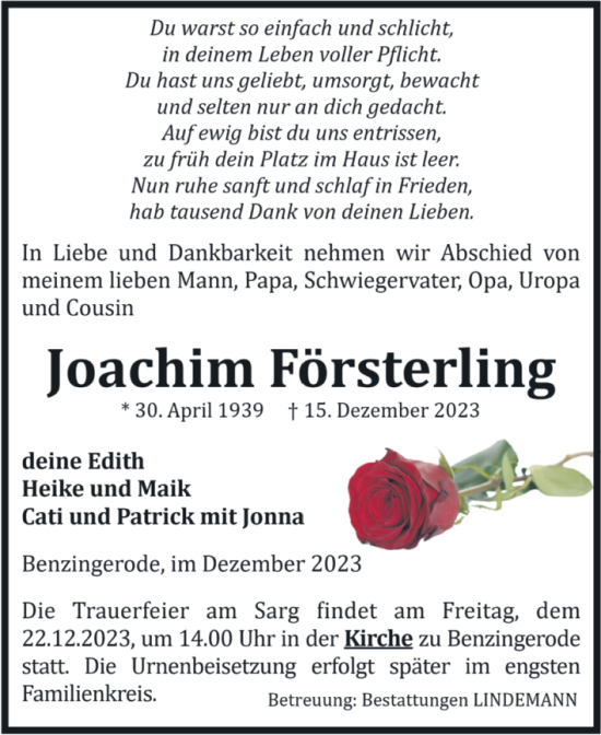 Traueranzeige von Joachim Försterling von Volksstimme Wernigerode