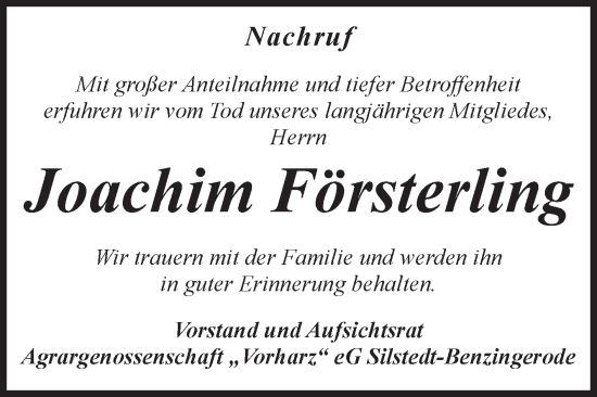 Traueranzeige von Joachim Försterling von Volksstimme Wernigerode