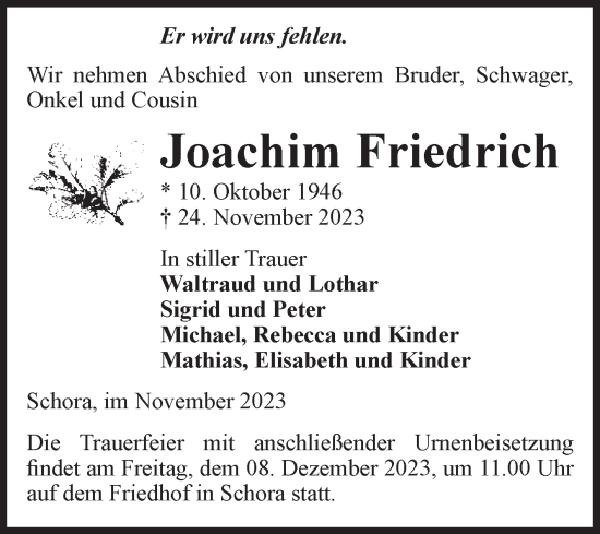 Traueranzeige von Joachim Friedrich von Volksstimme Zerbst