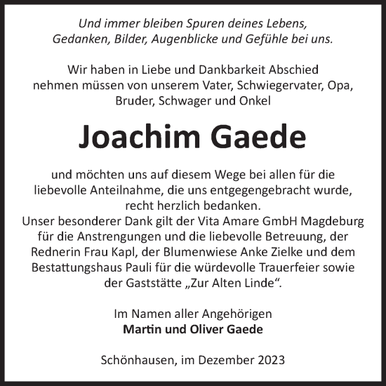 Traueranzeige von Joachim Gaede von Volksstimme Altmark Ost