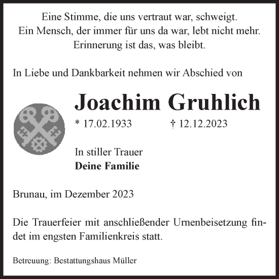 Traueranzeige von Joachim Gruhlich von Volksstimme Altmark West
