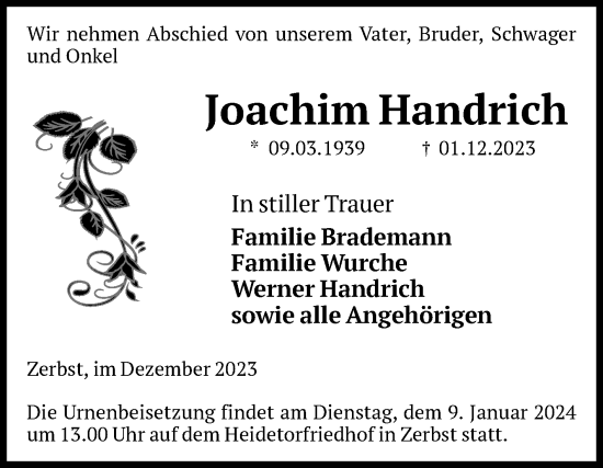 Traueranzeige von Joachim Handrich von Volksstimme Zerbst