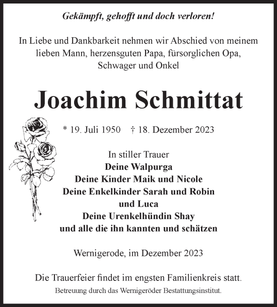 Traueranzeige von Joachim Schmittat von Volksstimme Wernigerode