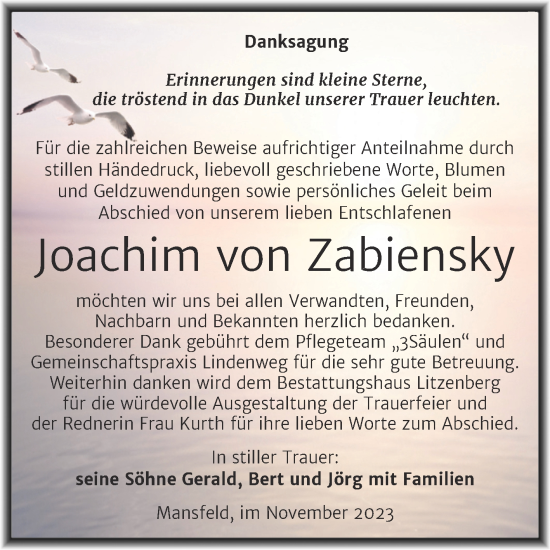 Traueranzeige von Joachim von Zabiensky von Trauerkombi Mansfelder Land