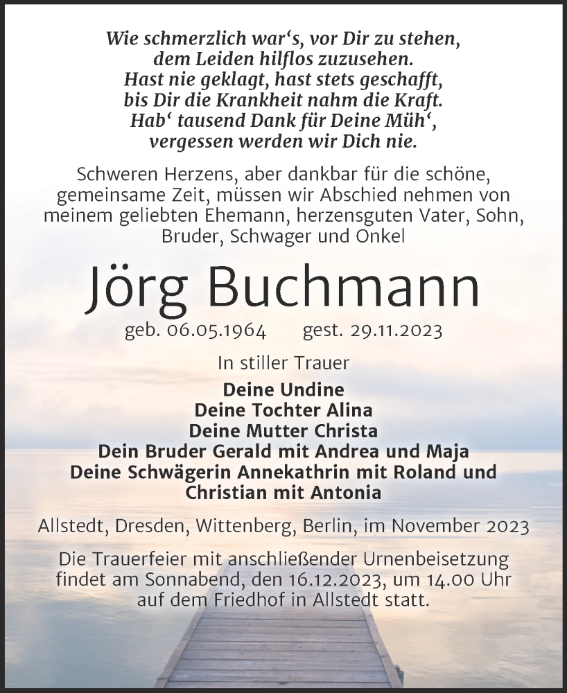  Traueranzeige für Jörg Buchmann vom 08.12.2023 aus Trauerkombi Sangerhausen