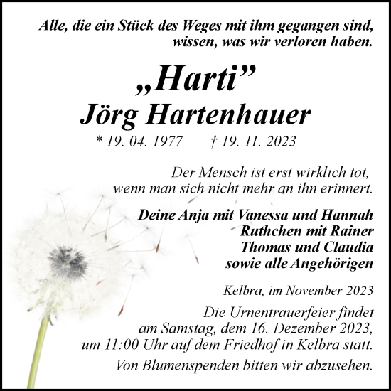 Traueranzeige von Jörg Hartenhauer von Trauerkombi Sangerhausen