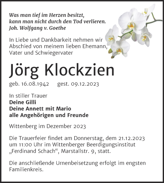 Traueranzeige von Jörg Klockzien von Trauerkombi Wittenberg