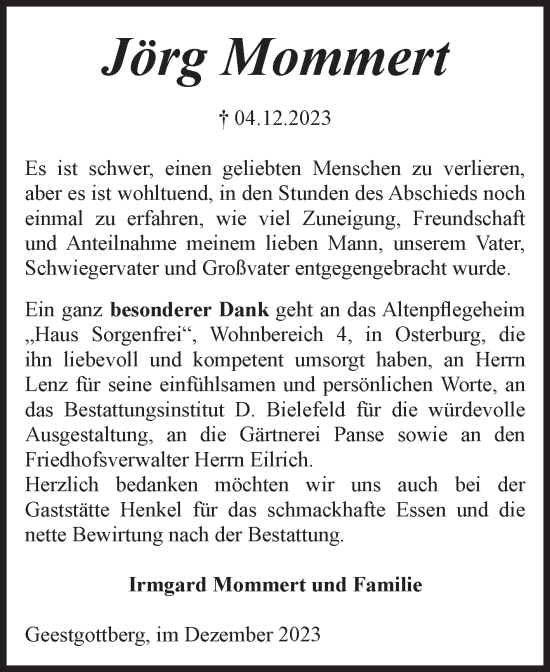 Traueranzeige von Jörg Mommert von Volksstimme Altmark Ost