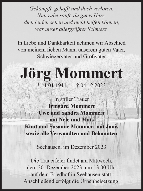 Traueranzeige von Jörg Mommert von Volksstimme Altmark Ost