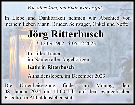 Traueranzeige von Jörg Ritterbusch von Volksstimme Haldensleben/Wolmirstedt