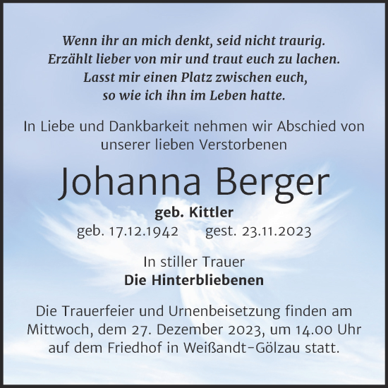 Traueranzeige von Johanna Berger von Trauerkombi Köthen