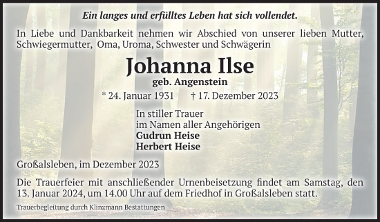 Traueranzeige von Johanna Ilse von Volksstimme Oschersleben/Wanzleben