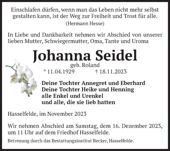 Traueranzeige von Johanna Seidel von Volksstimme Wernigerode