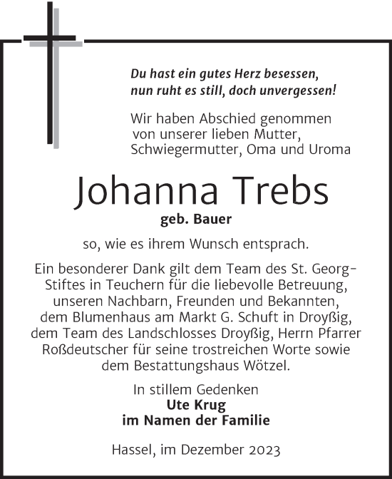 Traueranzeige von Johanna Trebs von Trauerkombi Zeitz