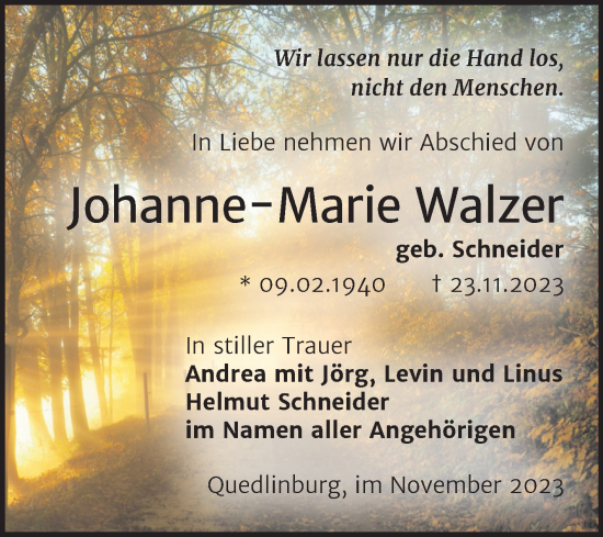 Traueranzeige von Johanne-Marie Walzer von Trauerkombi Quedlinburg