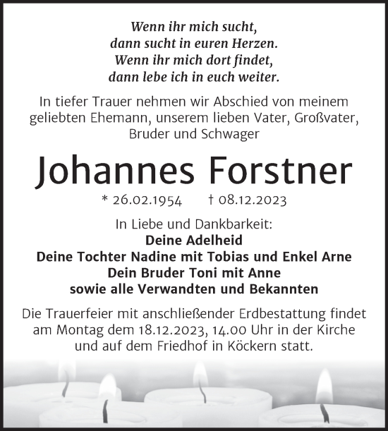 Traueranzeige von Johannes Forstner von Trauerkombi Bitterfeld