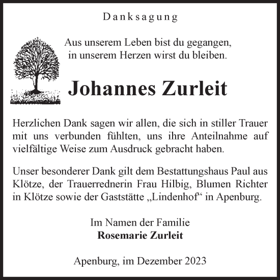 Traueranzeige von Johannes Zurleit von Volksstimme Altmark West