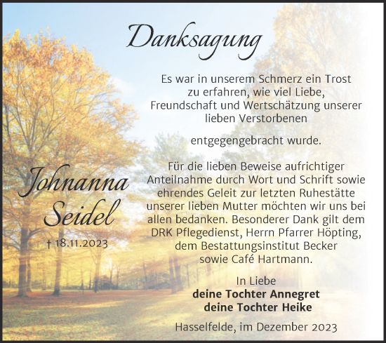 Traueranzeige von Johnanna Seidel von Volksstimme Wernigerode
