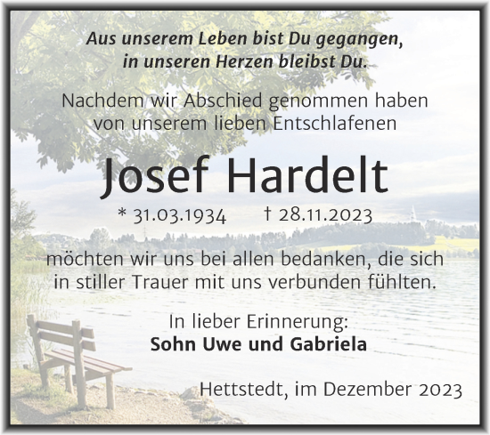 Traueranzeige von Josef Hardelt von Trauerkombi Mansfelder Land