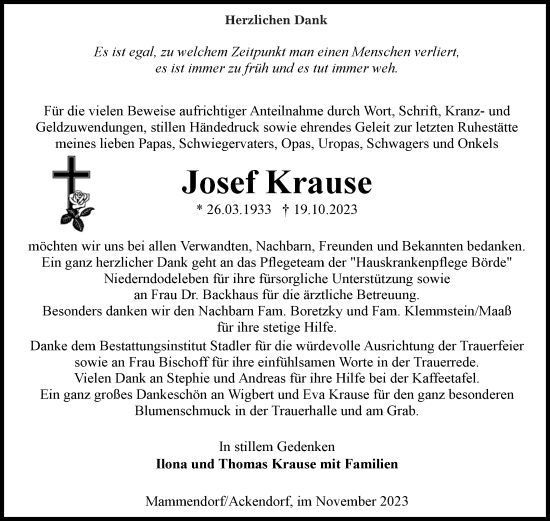 Traueranzeige von Josef Krause von Volksstimme Haldensleben/Wolmirstedt