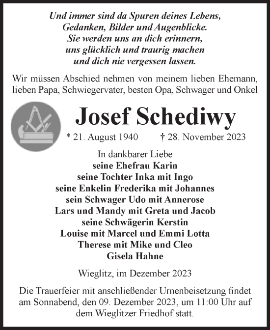 Traueranzeige von Josef Schediwy von Volksstimme Haldensleben/Wolmirstedt