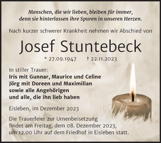 Traueranzeige von Josef Stuntebeck von Trauerkombi Mansfelder Land