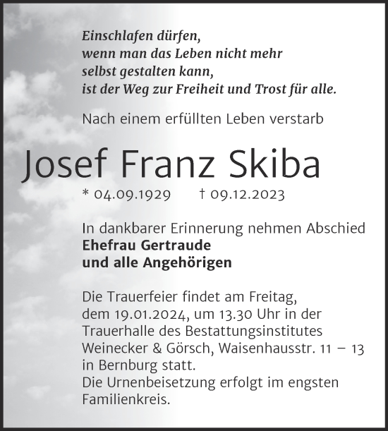 Traueranzeige von Josef Franz Skiba von Trauerkombi Bernburg