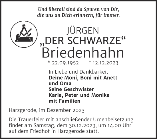 Traueranzeige von Jürgen Briedenhahn von Super Sonntag Quedlingburg