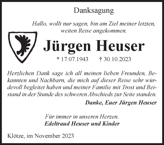 Traueranzeige von Jürgen Heuser von Volksstimme Altmark West