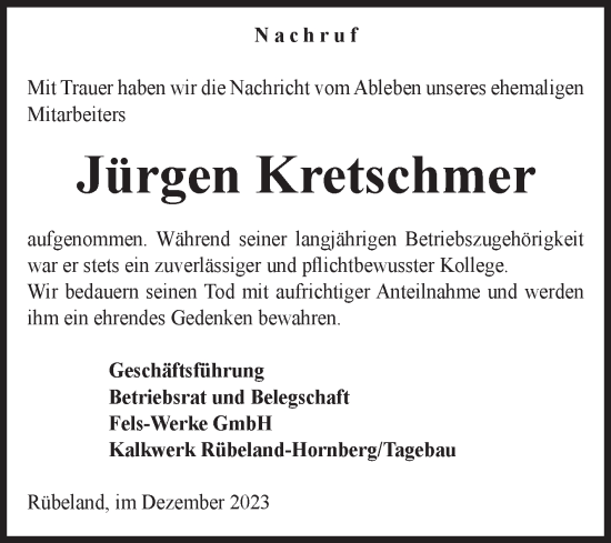 Traueranzeige von Jürgen Kretschmer von Volksstimme Wernigerode