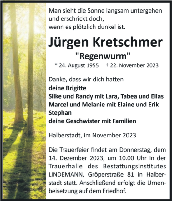 Traueranzeige von Jürgen Kretschmer von Volksstimme Wernigerode