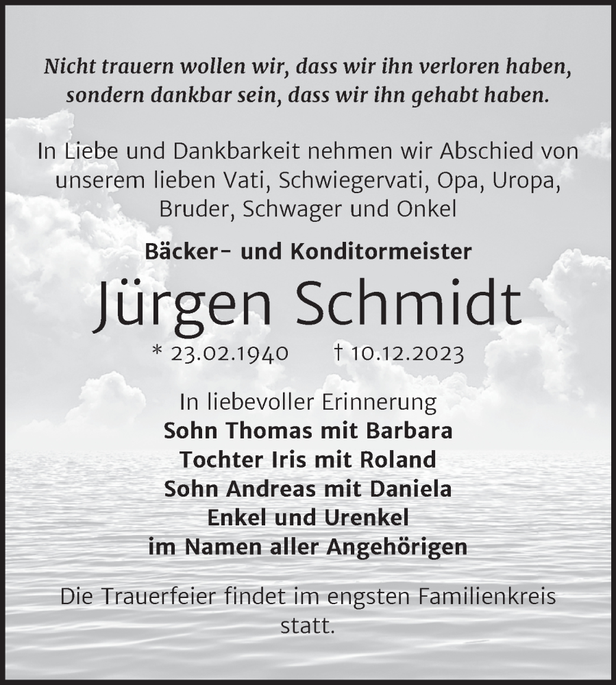  Traueranzeige für Jürgen Schmidt vom 16.12.2023 aus Trauerkombi Merseburg