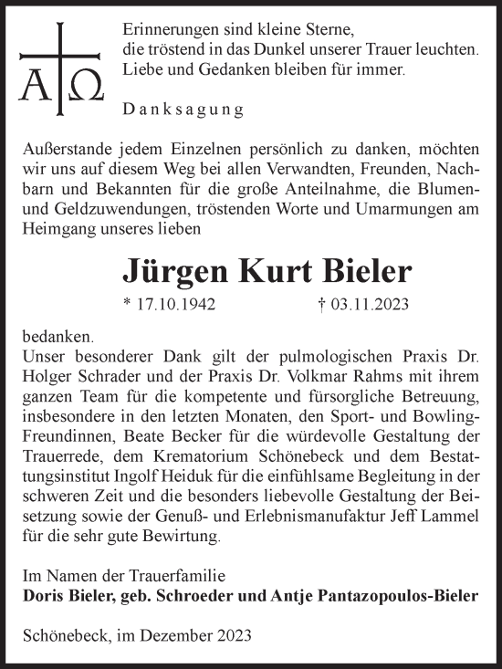 Traueranzeige von Jürgen Kurt Bieler von Volksstimme Magdeburg