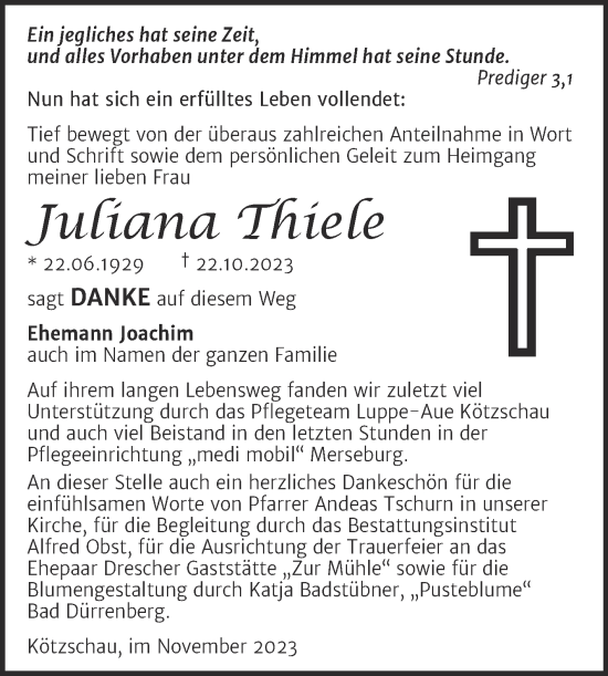 Traueranzeige von Juliana Thiele von Trauerkombi Merseburg