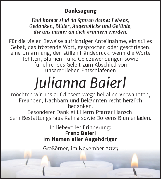 Traueranzeige von Julianna Baierl von Trauerkombi Mansfelder Land