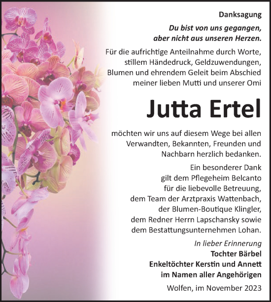 Traueranzeige von Jutta Ertel von Trauerkombi Bitterfeld
