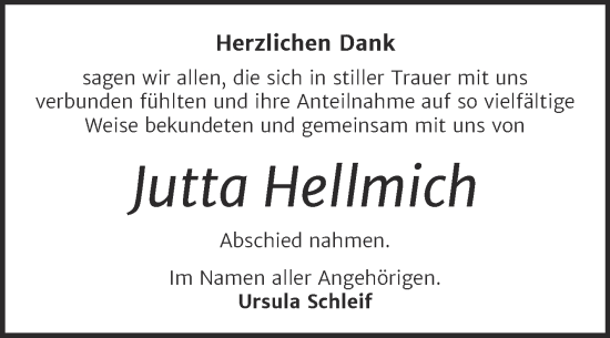 Traueranzeige von Jutta Hellmich von Trauerkombi Wittenberg