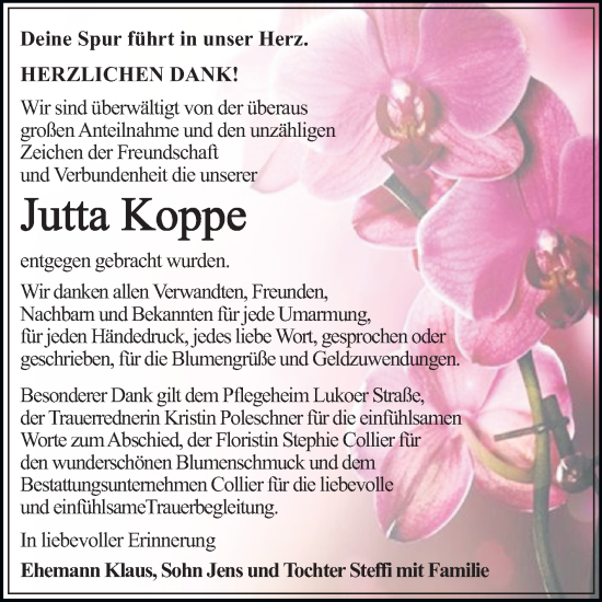 Traueranzeige von Jutta Koppe von Trauerkombi Dessau
