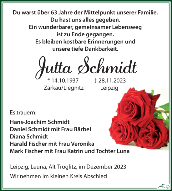 Traueranzeige von Jutta Schmidt von Trauerkombi Weißenfels