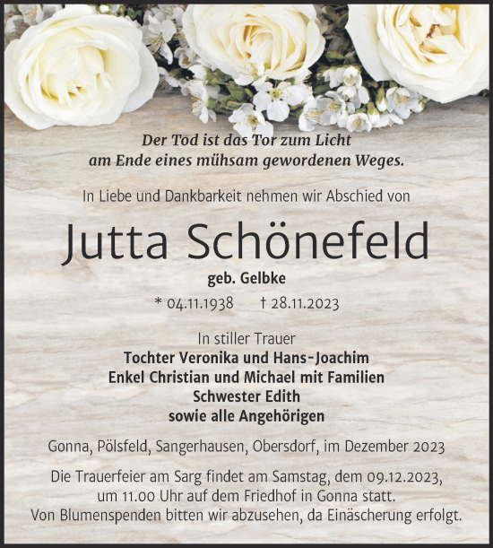 Traueranzeige von Jutta Schönefeld von Mitteldeutsche Zeitung Sangerhausen