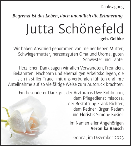 Traueranzeige von Jutta Schönefeld von Trauerkombi Sangerhausen